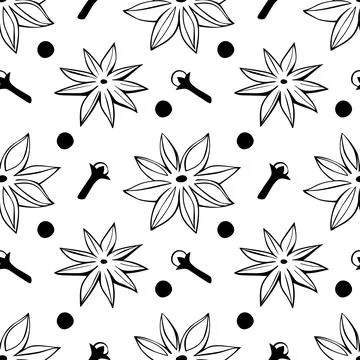 Vector seamless pattern of star anise, carnation, pepper in doodle style. Bac Stock Illustration