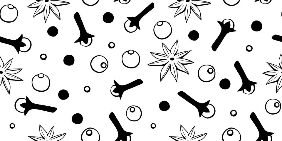 Vector seamless pattern of star anise, carnation, pepper in doodle style. Bac Illustrazione stock
