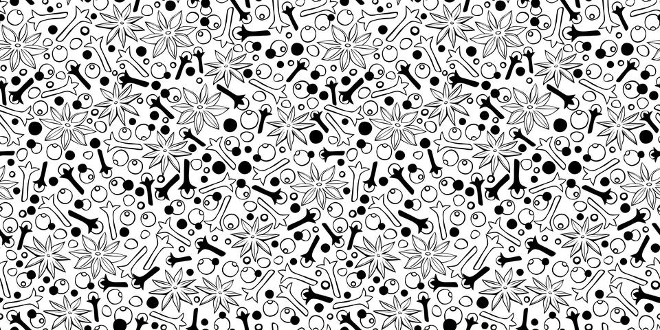 Vector seamless pattern of star anise, carnation, pepper in doodle style. Bac 스톡 일러스트