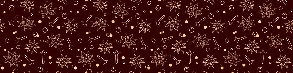 Vector seamless pattern of star anise, carnation, pepper in doodle style. Bac Stock Illustration