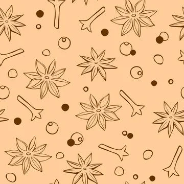 Vector seamless pattern of star anise, carnation, pepper in doodle style. Bac Illustrazione stock