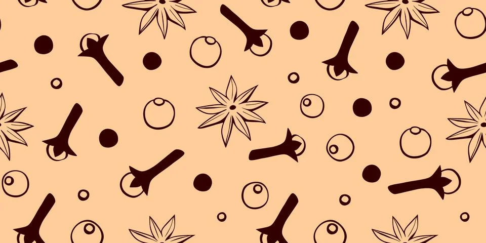 Vector seamless pattern of star anise, carnation, pepper in doodle style. Bac 스톡 일러스트