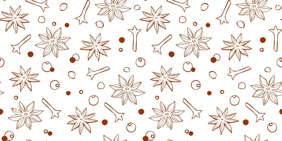 Vector seamless pattern of star anise, carnation, pepper in doodle style. Bac 스톡 일러스트