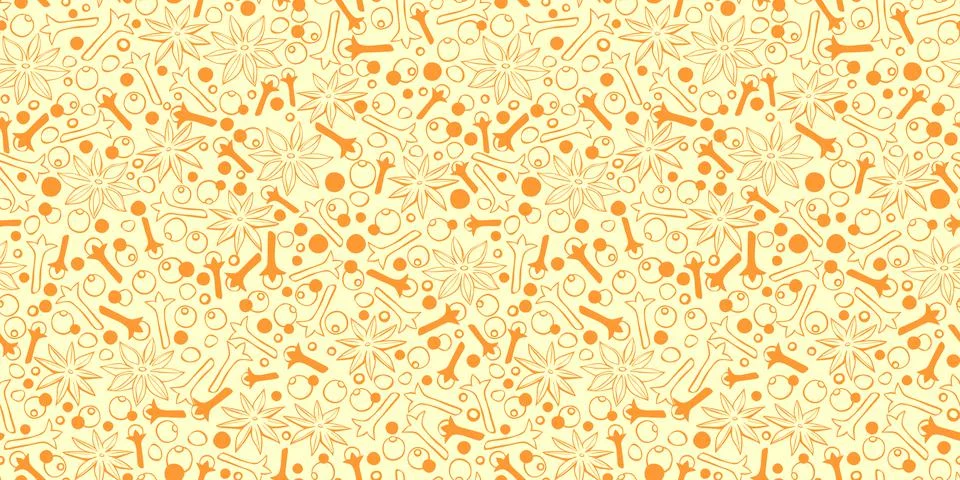 Vector seamless pattern of star anise, carnation, pepper in doodle style. Bac 스톡 일러스트