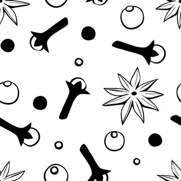 Vector seamless pattern of star anise, carnation, pepper in doodle style. Bac Illustrazione stock