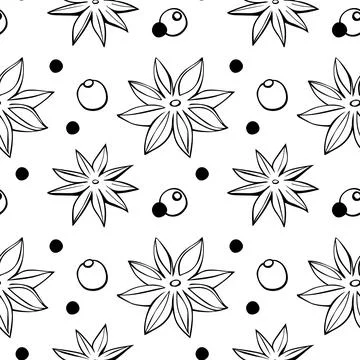 Vector seamless pattern of star anise, pepper in doodle style. Background or  Illustrazione stock