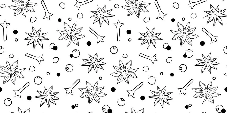 Vector seamless pattern of star anise, carnation, pepper in doodle style. Bac 스톡 일러스트