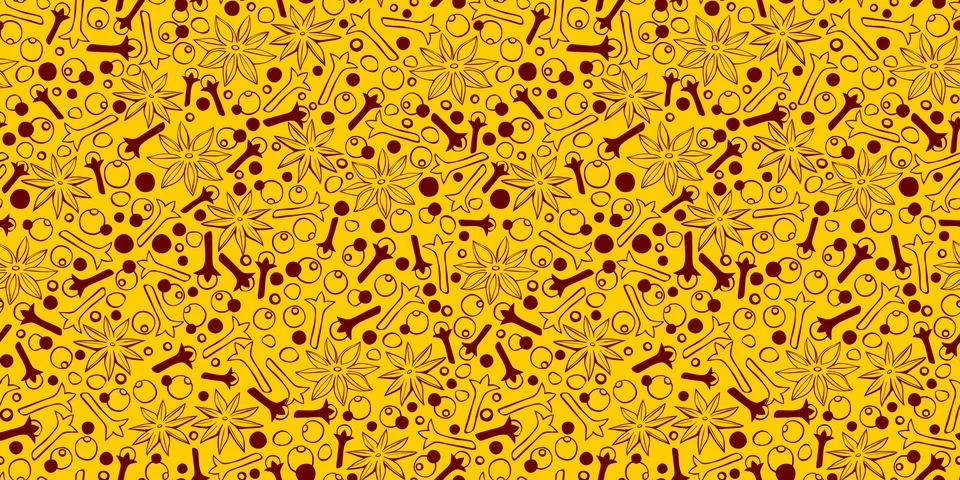Vector seamless pattern of star anise, carnation, pepper in doodle style. Bac Stock Illustration