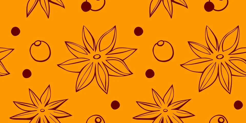 Vector seamless pattern of star anise, pepper in doodle style. Background or  Illustrazione stock