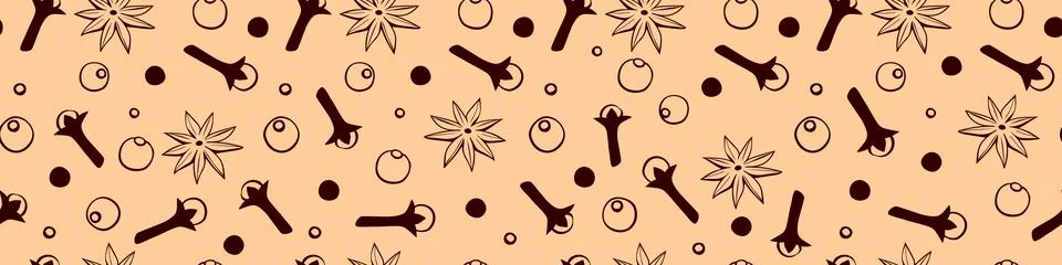 Vector seamless pattern of star anise, carnation, pepper in doodle style. Bac 스톡 일러스트