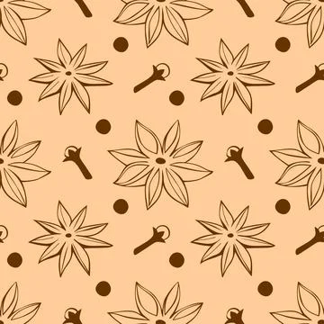 Vector seamless pattern of star anise, carnation, pepper in doodle style. Bac Illustrazione stock