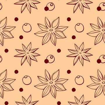Vector seamless pattern of star anise, pepper in doodle style. Background or  Stock Illustration