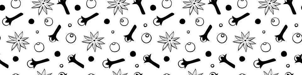 Vector seamless pattern of star anise, carnation, pepper in doodle style. Bac Stock Illustration