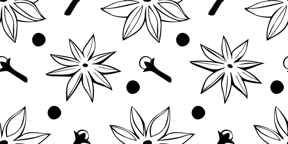 Vector seamless pattern of star anise, carnation, pepper in doodle style. Bac Illustrazione stock