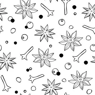 Vector seamless pattern of star anise, carnation, pepper in doodle style. Bac 스톡 일러스트