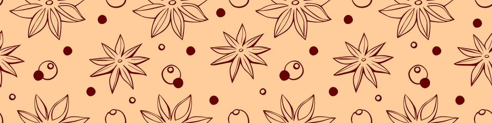 Vector seamless pattern of star anise, carnation, pepper in doodle style. Bac 스톡 일러스트