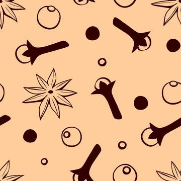 Vector seamless pattern of star anise, carnation, pepper in doodle style. Bac Stock Illustration