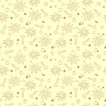 Vector seamless pattern of star anise, carnation, pepper in doodle style. B.. 스톡 일러스트