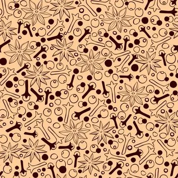 Vector seamless pattern of star anise, carnation, pepper in doodle flat style Illustrazione stock