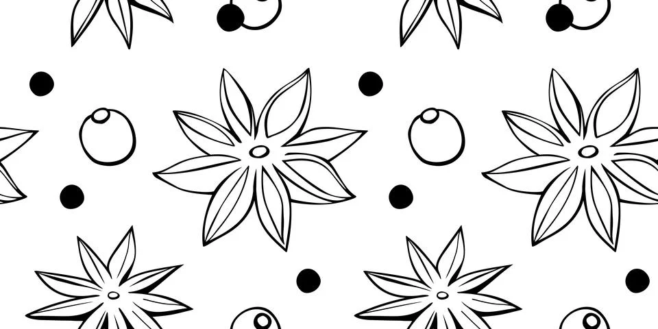 Vector seamless pattern of star anise, pepper in doodle style. Background or  Illustrazione stock