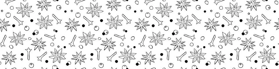 Vector seamless pattern of star anise, carnation, pepper in doodle style. B.. Illustrazione stock