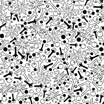 Vector seamless pattern of star anise, carnation, pepper in doodle style. Bac 스톡 일러스트