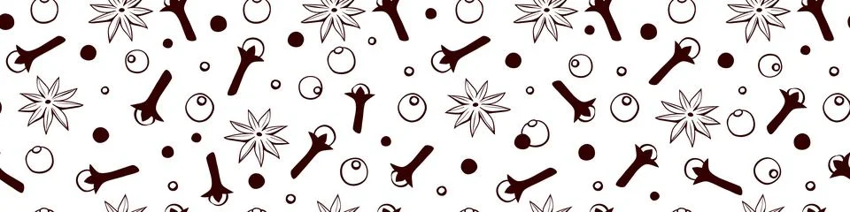 Vector seamless pattern of star anise, carnation, pepper in doodle style. Bac Stock Illustration