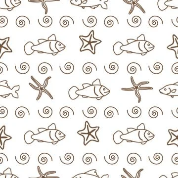 Vector seamless pattern with starfish and fish. Stock Illustration