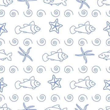 Vector seamless pattern with starfish and fish. Stock Illustration