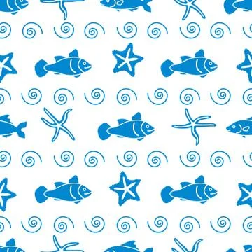 Vector seamless pattern with starfish and fish. Illustrazione stock