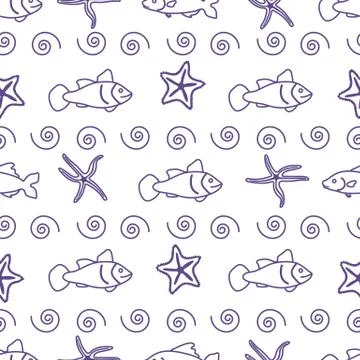 Vector seamless pattern with starfish and fish. Ilustración de archivo
