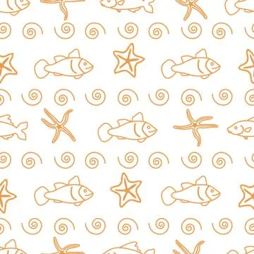 Vector seamless pattern with starfish and fish. Stock Illustration