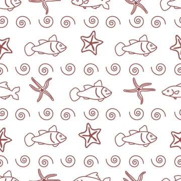 Vector seamless pattern with starfish and fish. Illustrazione stock