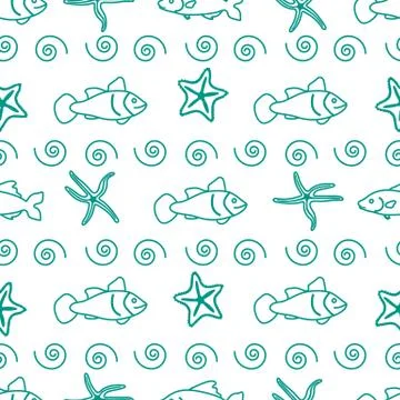 Vector seamless pattern with starfish and fish. Stock Illustration