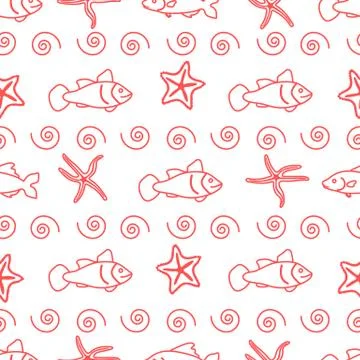 Vector seamless pattern with starfish and fish. Stock Illustration