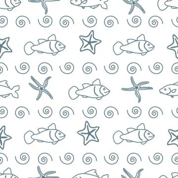 Vector seamless pattern with starfish and fish. Stock Illustration