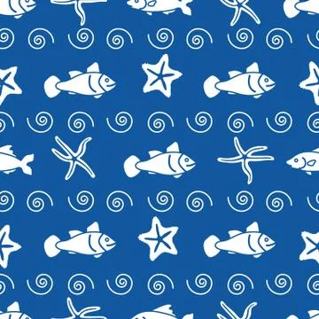 Vector seamless pattern with starfish and fish. Stock Illustration