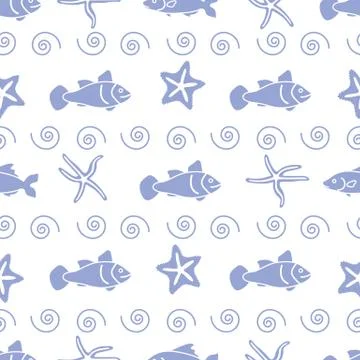 Vector seamless pattern with starfish and fish. Illustrazione stock