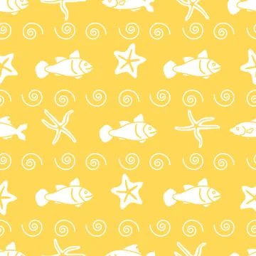 Vector seamless pattern with starfish and fish. Stock Illustration
