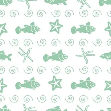 Vector seamless pattern with starfish and fish. Ilustración de archivo