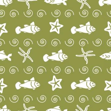Vector seamless pattern with starfish and fish. Stock Illustration