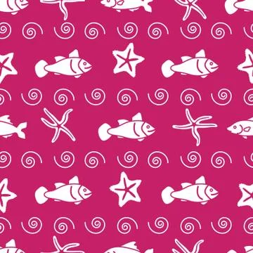 Vector seamless pattern with starfish and fish. Illustrazione stock