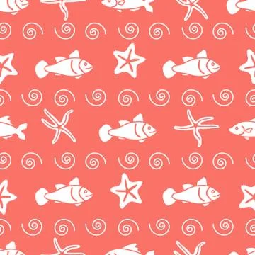 Vector seamless pattern with starfish and fish. Illustrazione stock