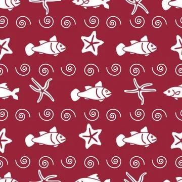 Vector seamless pattern with starfish and fish. Illustrazione stock