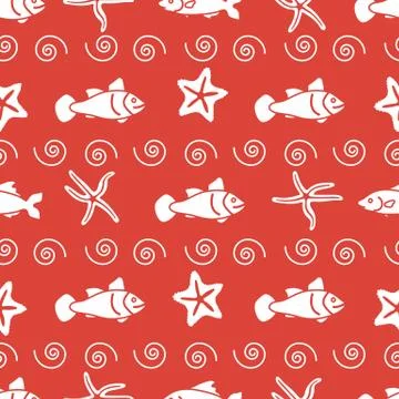 Vector seamless pattern with starfish and fish. Stock Illustration