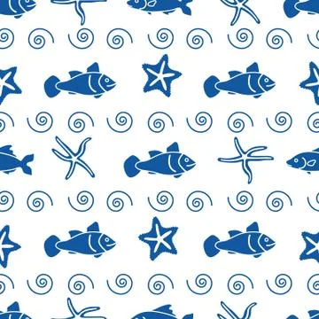 Vector seamless pattern with starfish and fish. Ilustración de archivo