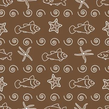 Vector seamless pattern with starfish and fish. Stock Illustration