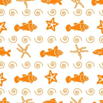 Vector seamless pattern with starfish and fish. Illustrazione stock