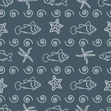Vector seamless pattern with starfish and fish. Illustrazione stock