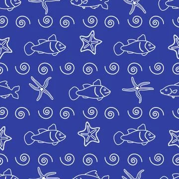 Vector seamless pattern with starfish and fish. Stock Illustration